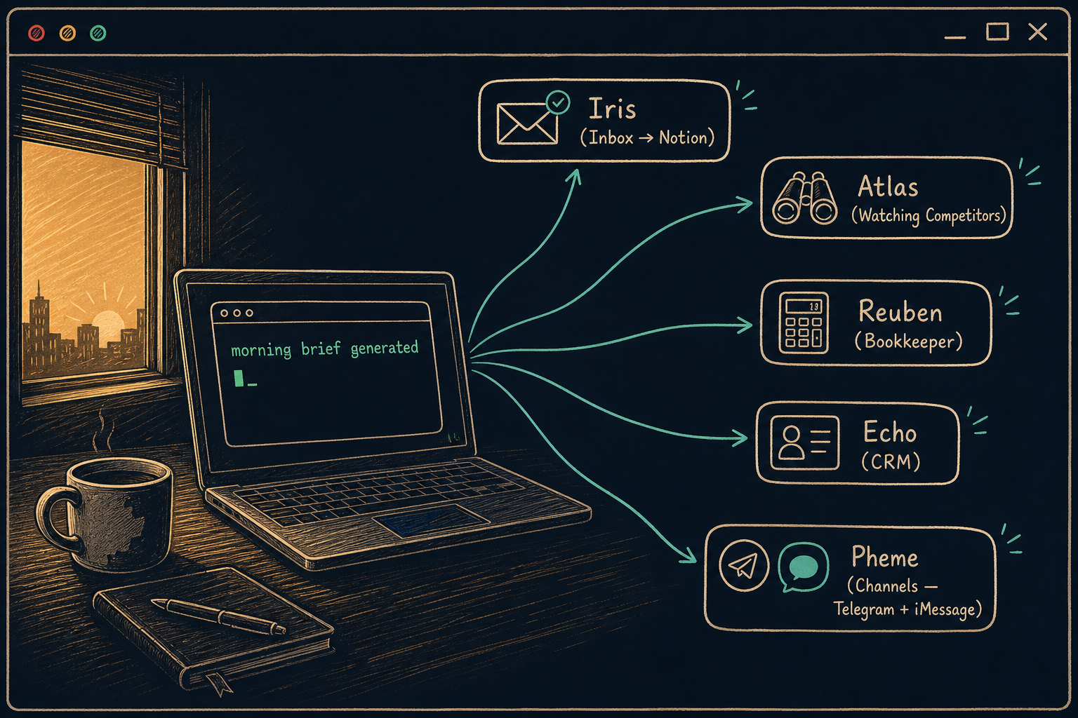 Illustration of five named AI specialists standing around a laptop on a desk